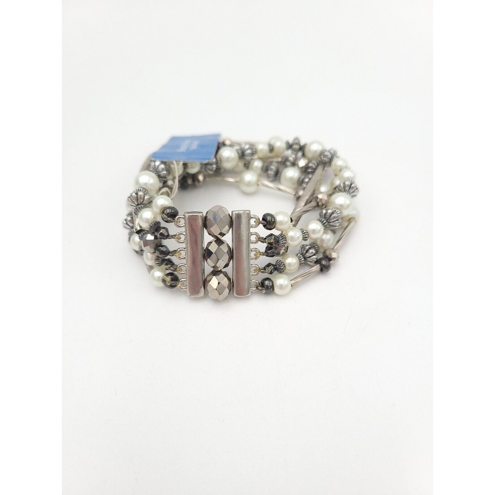 Vera Wang Simply Vera Stretch Bracelet Faux Pearl Silver Tone‎ Multistrand